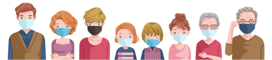 European masks family. Prevent pollution and COVID-19. Father, mother, son, daughter, brother, sister, grandfather and grandmother. Fair skin white caucasian group.