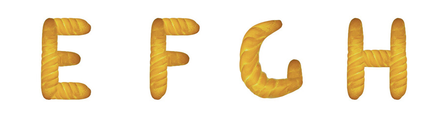 Letters E, F, G, H made from baguette