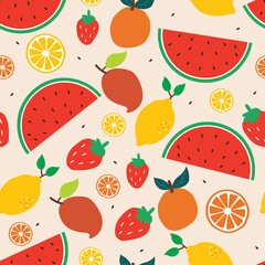 Seamless pattern with cute cartoon fruits for fabric print, textile, gift wrapping paper. colorful vector for kids, flat style