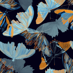 seamless pattern with tropical plants and nocturnal butterflies on black background