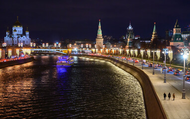 winter night view of Kremlin and Moscow river 