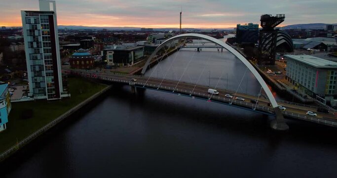 Aerial drone shot of Glasgow's iconic Clyde Arc