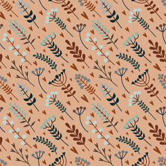 Vector illustration image of decorative flowers. Seamless pattern on a light peach background. For printing on fabric or paper, for interior decoration.