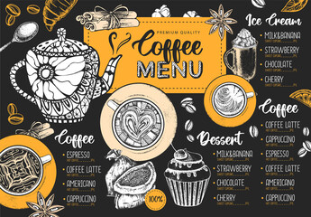 Restaurant Coffee menu design. Decorative sketch of cup of coffee or tea. Dessert menu