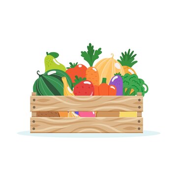 Wooden box with fruits and vegetables, illustration in flat style