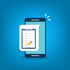 Check list document on smartphone, smartphone with paper check list and to do list with checkboxes, concept of survey, online quiz, completed things or done test, feedback.	