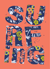 Surfing lettering collage with pattern background grunge vector print for boy kid t shirt