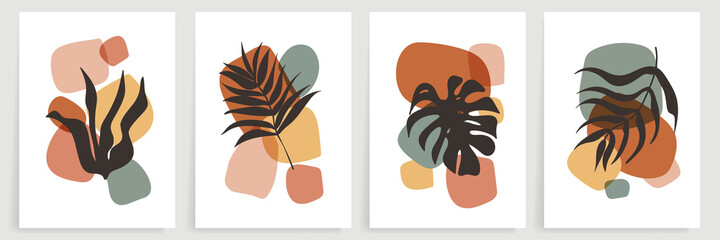 Abstract art nature background vector. Modern shape line art wallpaper. Boho foliage botanical leaves watercolor texture design for home deco, wall art, social media post and story background.