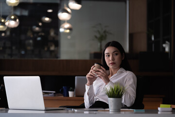 Portrait of young businesswoman using laptop screen while sitting at office desk in modern office