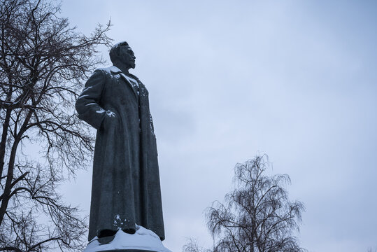 Moscow, Russia, February 19, 2018 - Monument to the Dzerzhinsky head of the Cheka of the USSR, who stood in front of the KGB building in Moscow.