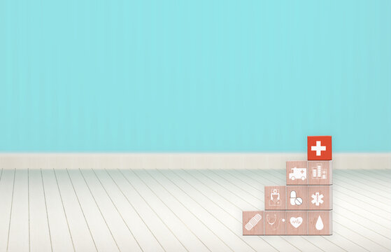 Hand organization stacking block with medical healthcare icon, insurance for your health concept