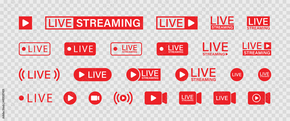 Poster live streaming set red icons. play button icon vector