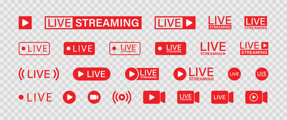 Live streaming set red icons. Play button icon vector - obrazy, fototapety, plakaty