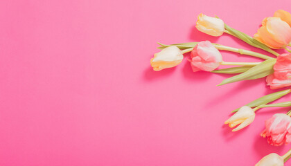 beautiful tulips on pink paper background