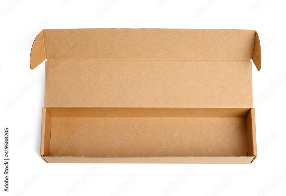Poster empty narrow rectangular open cardboard box isolated on white background