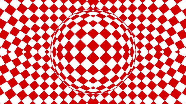 Red and white monochrome optical illusion with geometric pattern, surreal hypnotic seamless looping motion background, psychedelic trendy decorative unreal illusory delusion 3d render animation
