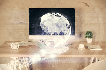 Multi exposure of world map drawing and office interior background. Concept of international network.