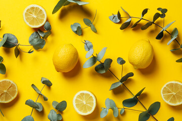 Beautiful eucalyptus branches and lemons on yellow background