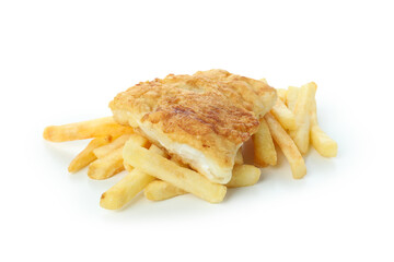 Fried fish and chips isolated on white background