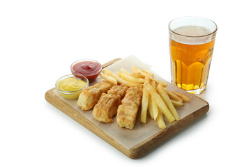 Beer and board with fried fish and chips, and sauces isolated on white background