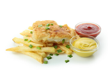 Fried fish and chips, and sauces isolated on white background