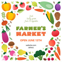 Farmer's market banner template. Colorful frame made of vegetables and fruits drawn in a flat style. Vector 10 EPS.