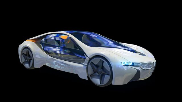 Buildable model of the car of the future with spinning wheels on a transparent alpha channel.