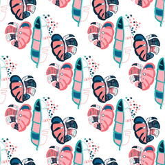Creative seamless pattern with abstract tropical leaves. Hippie style. Colorful spring or summer background. Trendy botanical swimwear design. Fashion print for textile.	