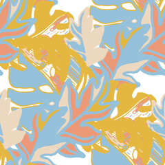 Creative seamless pattern with abstract tropical leaves. Hippie style. Colorful spring or summer background. Trendy botanical swimwear design. Fashion print for textile. 