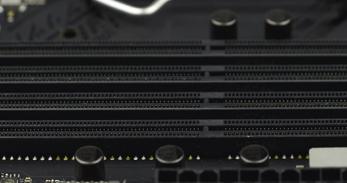 Truck shot of RAM Socket. Circuit board with capacity, Computer Motherboard with electronic capacity components device