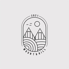 mountain and hill line art logo vector illustration design. adventure outline symbol