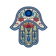 Traditional oriental or Indian sacred amulet of a religious symbol-Hamsa, hand of David,  with an ornament in the style of stained glass or mosaics. Vector illustration isolated on a white background