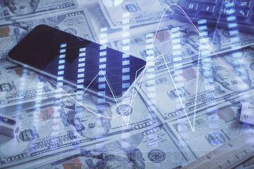 Double exposure of forex graph drawing over us dollars bill background. Concept of financial markets.