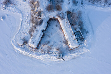 Panoramic aerial view of the fourth northern fort of the Zverev in Kronstadt. Island of forts. The Gulf of Finland. Winter.