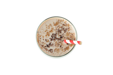 Glass of chocolate milkshake with straw isolated on white background