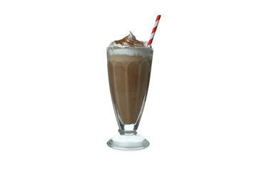 Glass of chocolate milkshake with straw isolated on white background