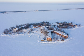 Panoramic aerial view of the fourth northern fort of the Zverev in Kronstadt. Island of forts. The Gulf of Finland. Winter.