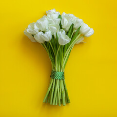 White tulips on bright yellow background. Spring concept.