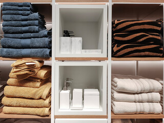 Shelving in the store with neatly folded towels on the shelves and accessories in natural colors. - obrazy, fototapety, plakaty