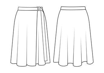 Fashion technical drawing of wrap flared skirt.