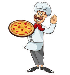 Happy cartoon comic style Italian chef with mustache and pizza. Restaurant worker mascot.Vector clip art illustration without gradients. All in a single layer.