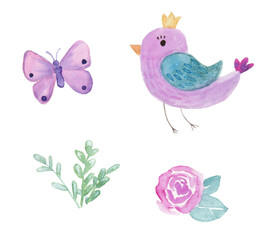 Handpainted watercolor objects bird, butterfly and florals isolated on white background