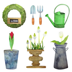 A hand-drawn watercolor set of garden elements: a moss wreath with a garden sign, a spatula and a pitchfork, a green watering can, a sprouting tulip in a pot, a muscari in a vintage planter.