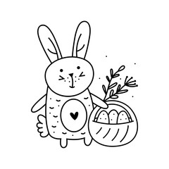 Happy Easter doodle line art design. Black monochrome element. Rabbit, bunny holding basket with eggs and herbs. Isolated on white background.