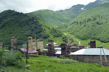 Obraz premium Ushguli Svan Towers in the Svaneti region, defensive stone villages in the Caucasus
