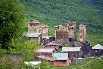 Fototapeta na wymiar Ushguli Svan Towers in the Svaneti region, defensive stone villages in the Caucasus