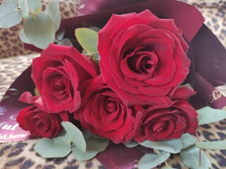 Bouquet of gorgeous red roses wrapped for a gift