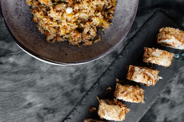 Set of Japanese food on the table, top view