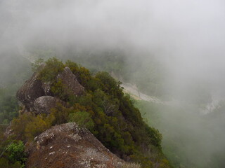 Fragment góry, mgła dookoła, wśród obłoków, widok w dół, Madera, Portugalia © vofchok