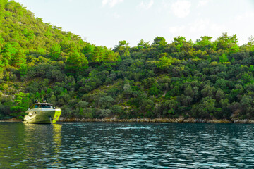 Summer concept: Luxury yacht boat anchored stern in a bay with blue turquoise waters. View from land with green trees and sea in background with copy space